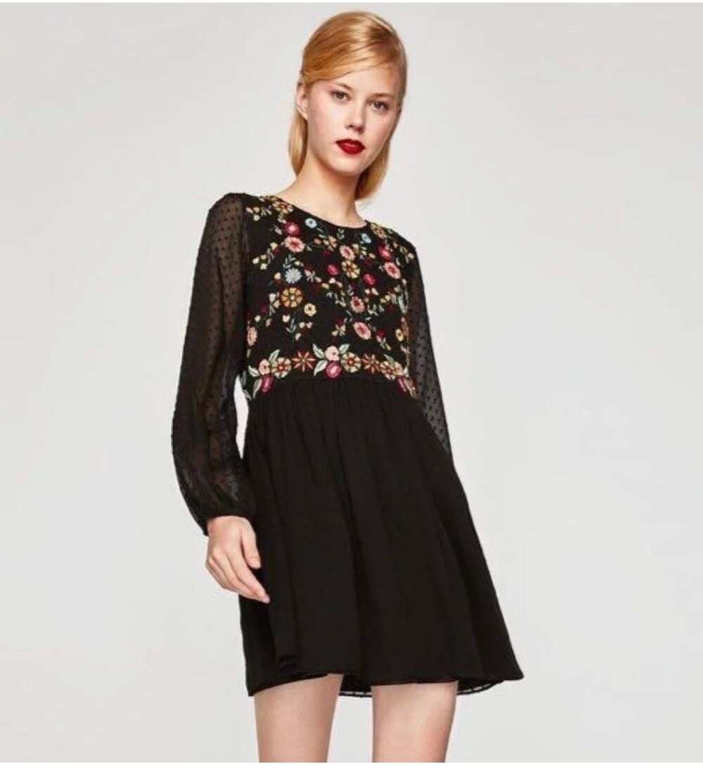 Zara Trafaluc Floral Embroidered Swiss Dot Sheer Sleeve Mini Dress Size Medium